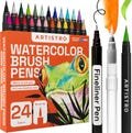 24 Watercolor Markers with Flexible Brush Pens for Pros & Beginners - Consistent, Smooth, Washable, Non-Toxic, for Coloring, Calligraphy