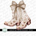 Ecru Beige Coastal Cowgirl PNG, Coquette Brown Chinoiserie Floral Boots Bow Grandmillenial Design PNG, Sublimation DTF png, Preppy png
