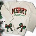 Merry Christmas Side Bow Cut-Out Sweatshirt Embroidery Side Bow Appliqu? Sweatshirt Embroidery Design, Plaid Bow Christmas Embroidery File