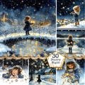 JPEG Little Girl and Shiny Stars Illustrations Watercolor Fantasy Winter Scenery Instant Download Paper Crafts Junk Journal Scrapbooking