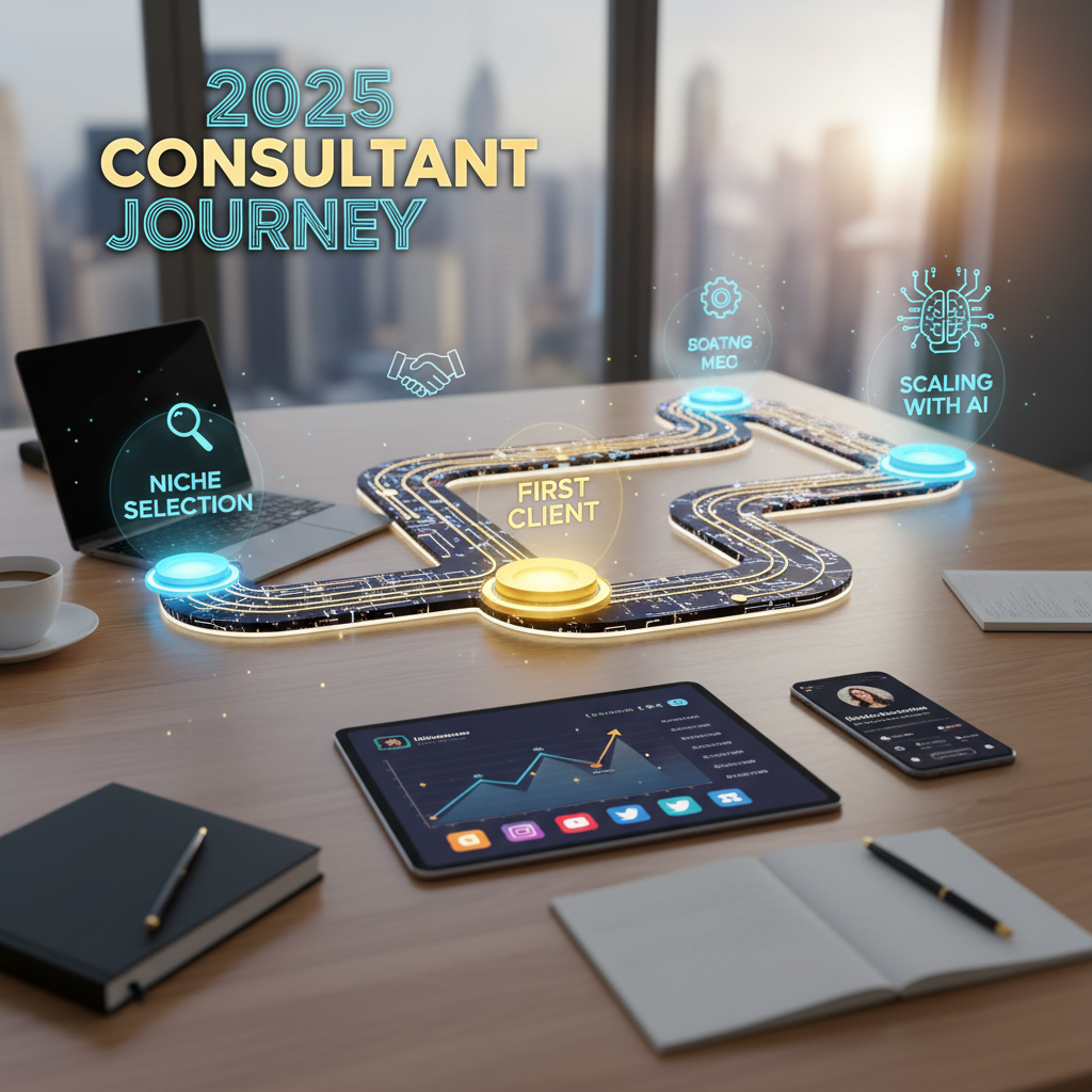 A high-quality graphic showing a roadmap path labeled '2025 Consultant Journey' moving from 'Niche Selection' to 'First Client' to 'Scaling with AI'.