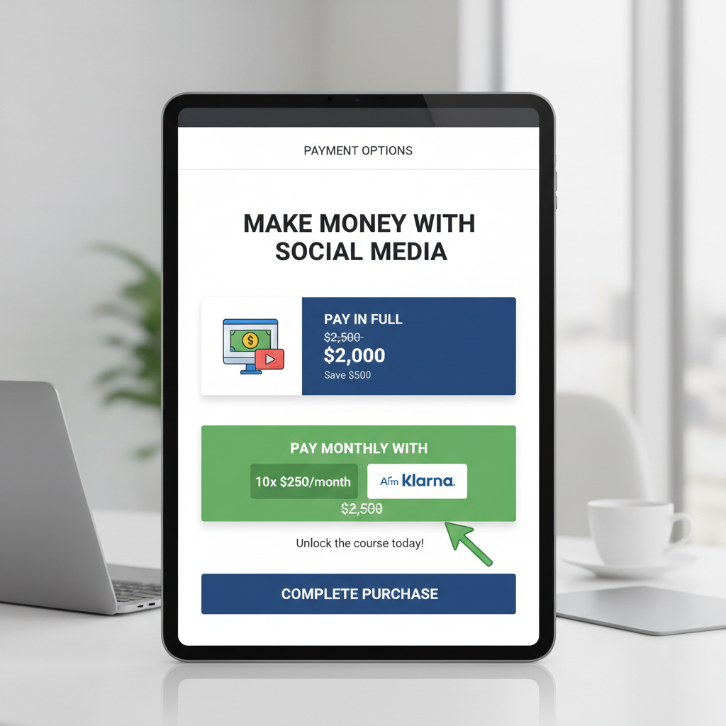 A screenshot-style graphic of a "Payment Options" checkout page. It highlights "Pay in Full" vs. "Pay Monthly with Affirm/Klarna," showing how breaking down a $2,500 payment into $250/month chunks makes the purchase accessible.