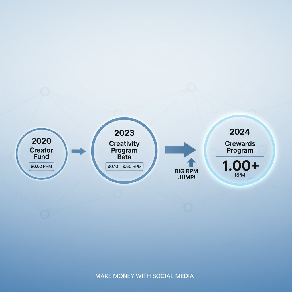 Infographic showing the timeline evolution from Creator Fund (2020) to Creativity Program Beta (2023) to Creator Rewards Program (2024), highlighting the RPM jump from $0.02 to $1.00+