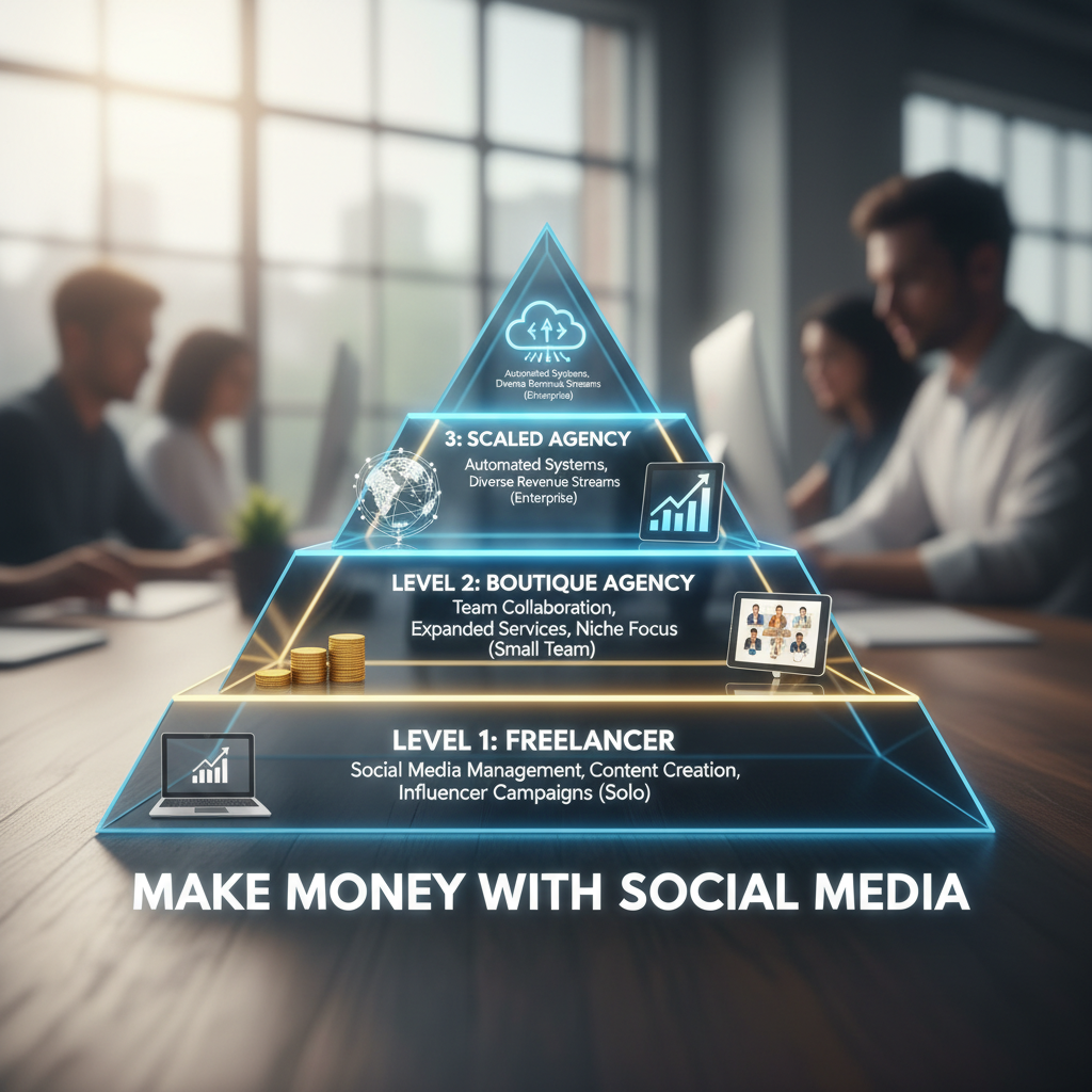 A stepped pyramid chart showing the evolution from "Freelancer" (Level 1) to "Boutique Agency" (Level 2) to "Scaled Agency" (Level 3)