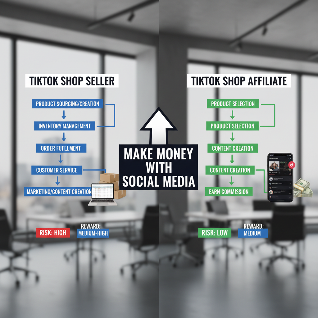 Chart comparing the workflow of a TikTok Shop Seller vs a TikTok Shop Affiliate, highlighting the risk/reward ratio
