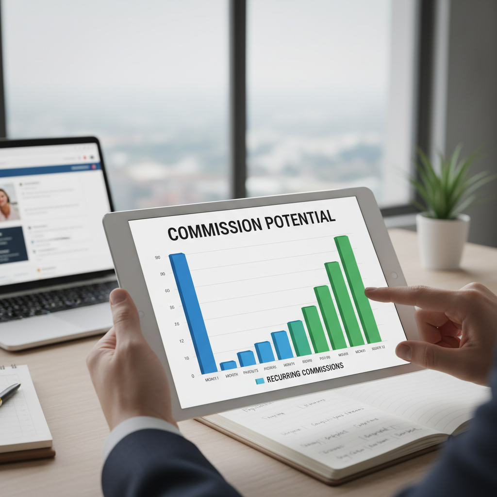 A comparative bar chart titled "Commission Potential" showing the difference between One-Time Payouts (High Spike) and Recurring Commissions (Steady Growth) over 12 months.