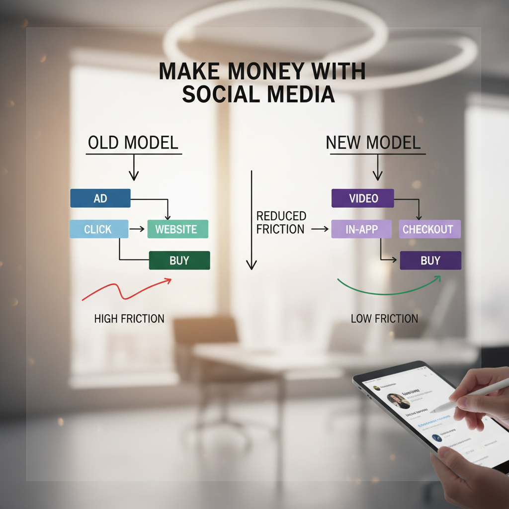 A comparative flowchart showing the "Old Model" (Ad -> Click -> Website -> Buy) versus the "New Model" (Video -> In-App Checkout -> Buy), highlighting the reduction in friction.