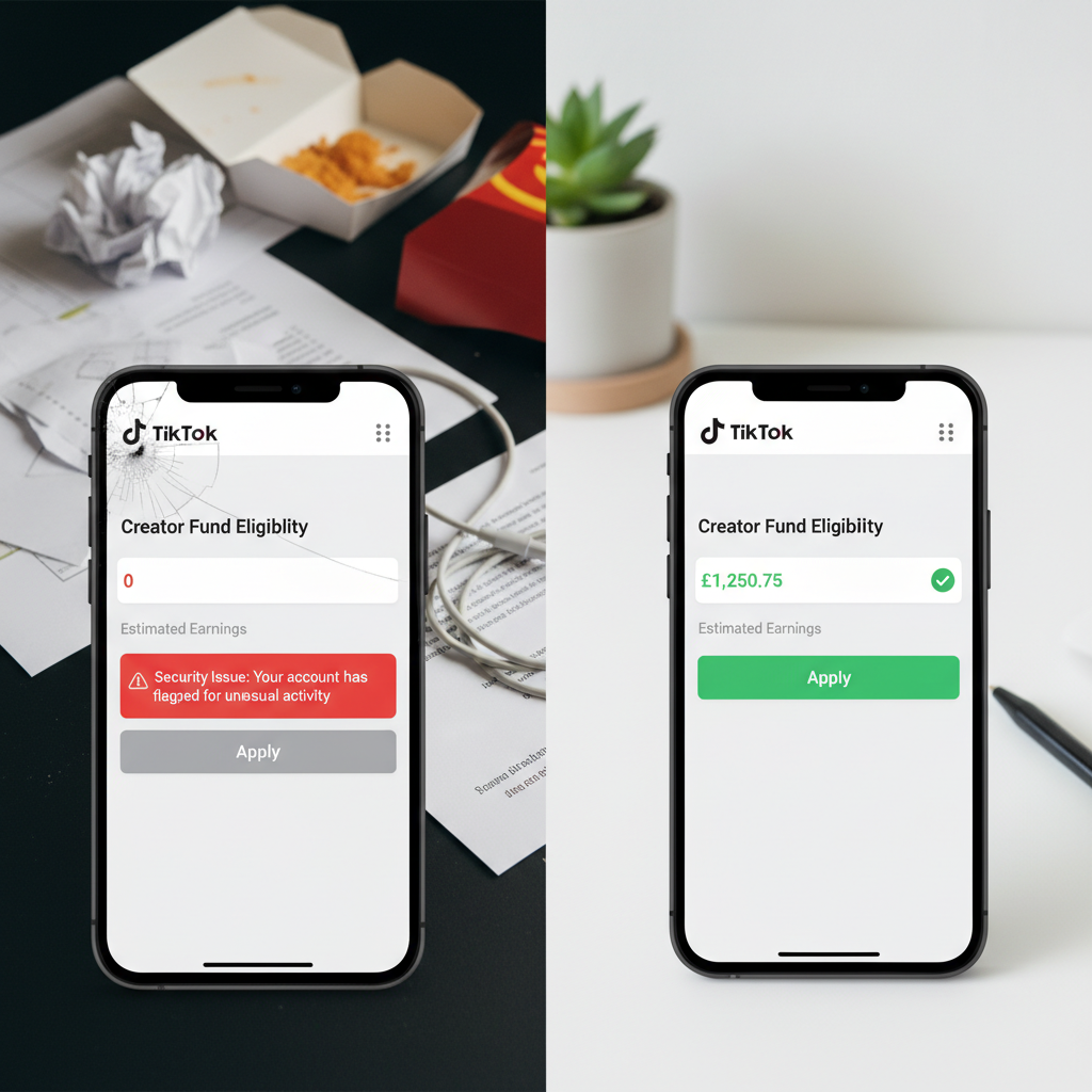 A screenshot of the TikTok dashboard showing the 'Apply' button greyed out with a 'Security Issue' warning vs a green 'Apply' button for a clean account