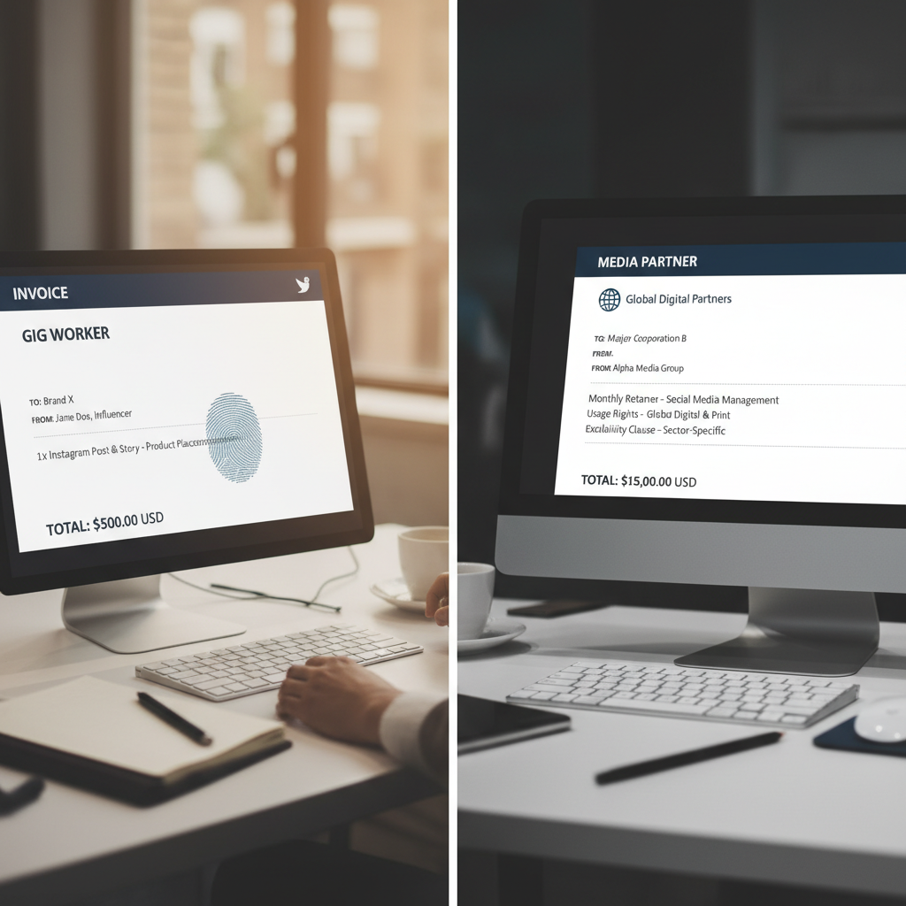 A split-screen graphic. On the left, a "Gig Worker" invoice showing $500 for one post. On the right, a "Media Partner" invoice showing $15,000 for Retainer, Usage Rights, and Exclusivity.