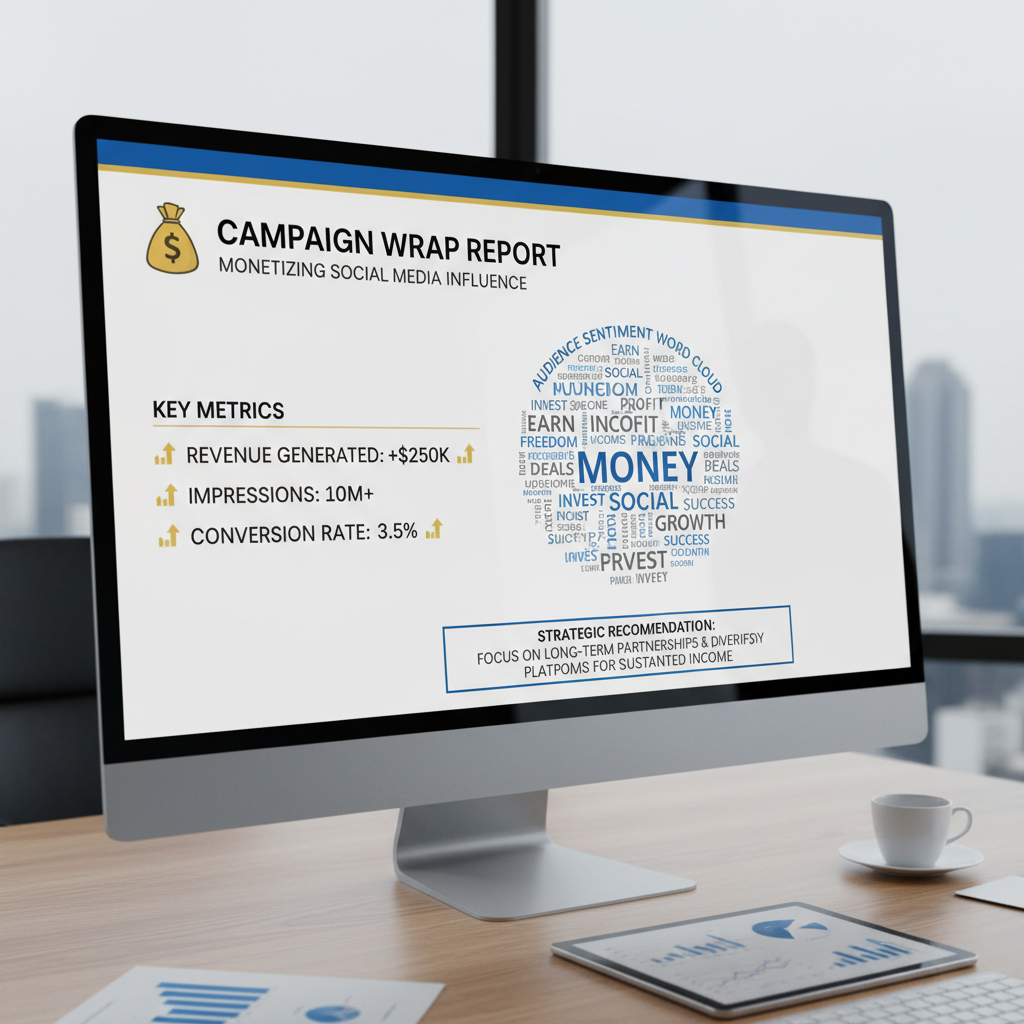 A visual template of a "Campaign Wrap Report" slide. It features sections for "Key Metrics," "Audience Sentiment Word Cloud," and a "Strategic Recommendation" box at the bottom.
