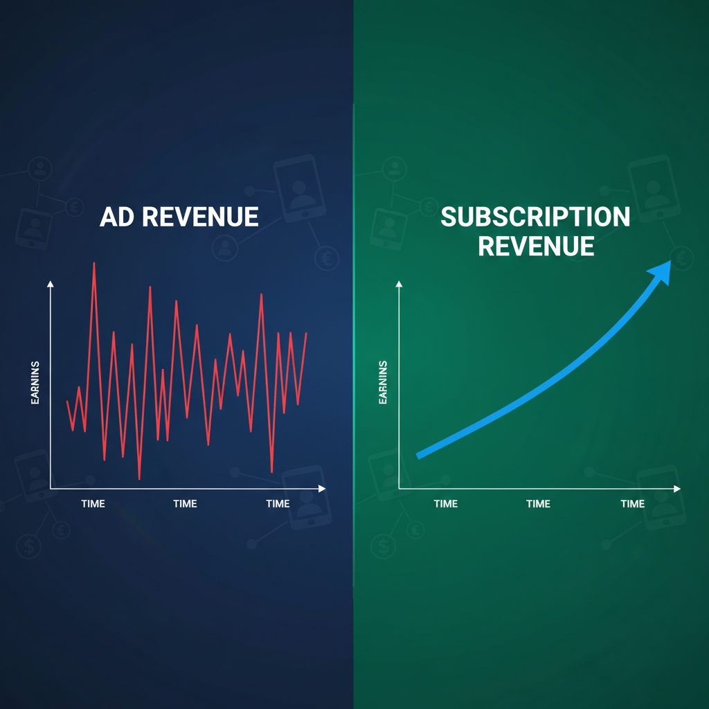 A split-screen graphic showing a volatile "Ad Revenue" line graph going up and down versus a steady, upward-trending "Subscription Revenue" line graph.