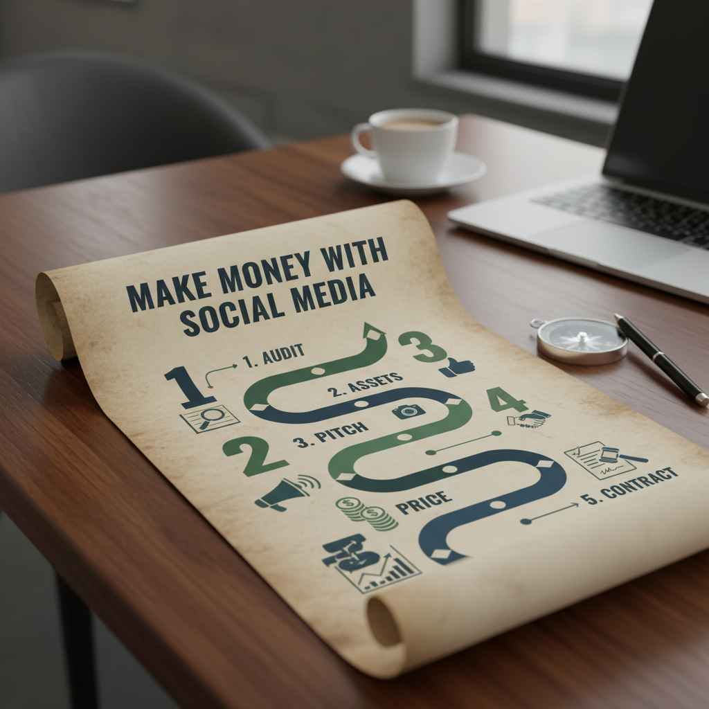 An infographic roadmap displaying the five phases: Audit, Assets, Pitch, Price, and Contract