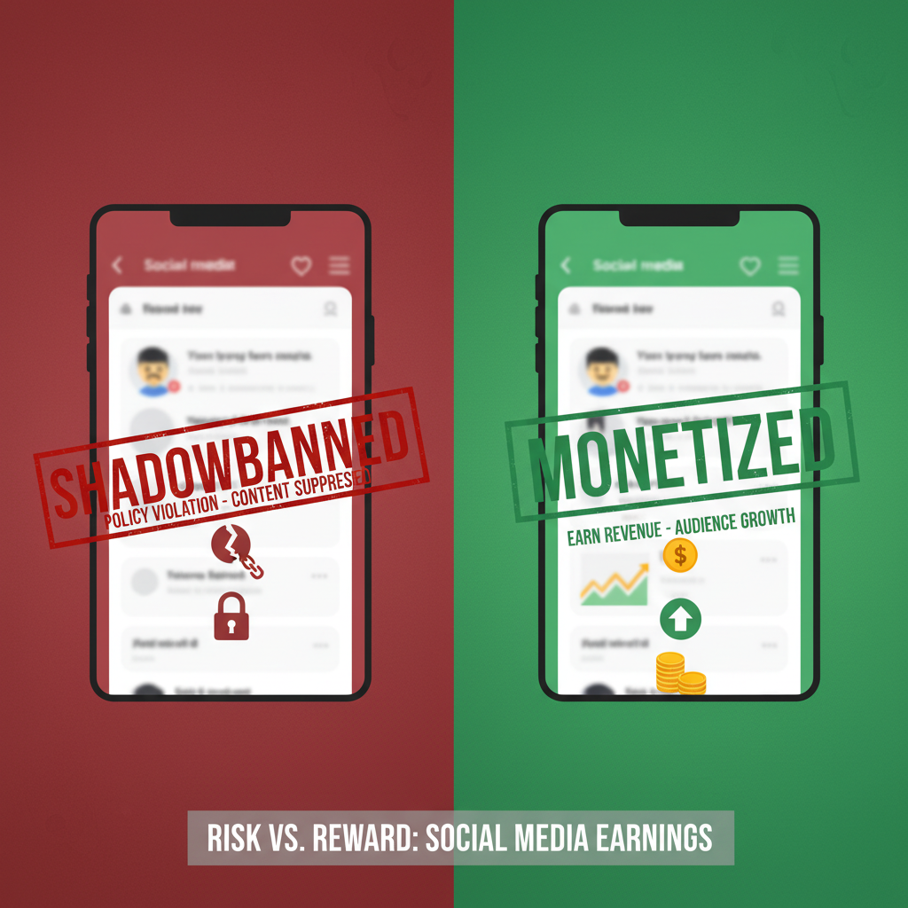 A warning graphic showing a red 'Shadowbanned' stamp over a profile, contrasting with a green 'Monetized' stamp, illustrating the risk of policy violations.