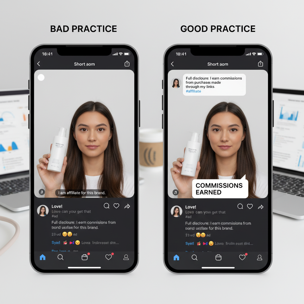 A "Good vs. Bad" comparison screenshot. On the left (Bad), a TikTok video with no on-screen text and #ad buried in comments. On the right (Good), a video with clear "Commissions Earned" text overlay at the start and the creator verbally stating "I am an affiliate for this brand."