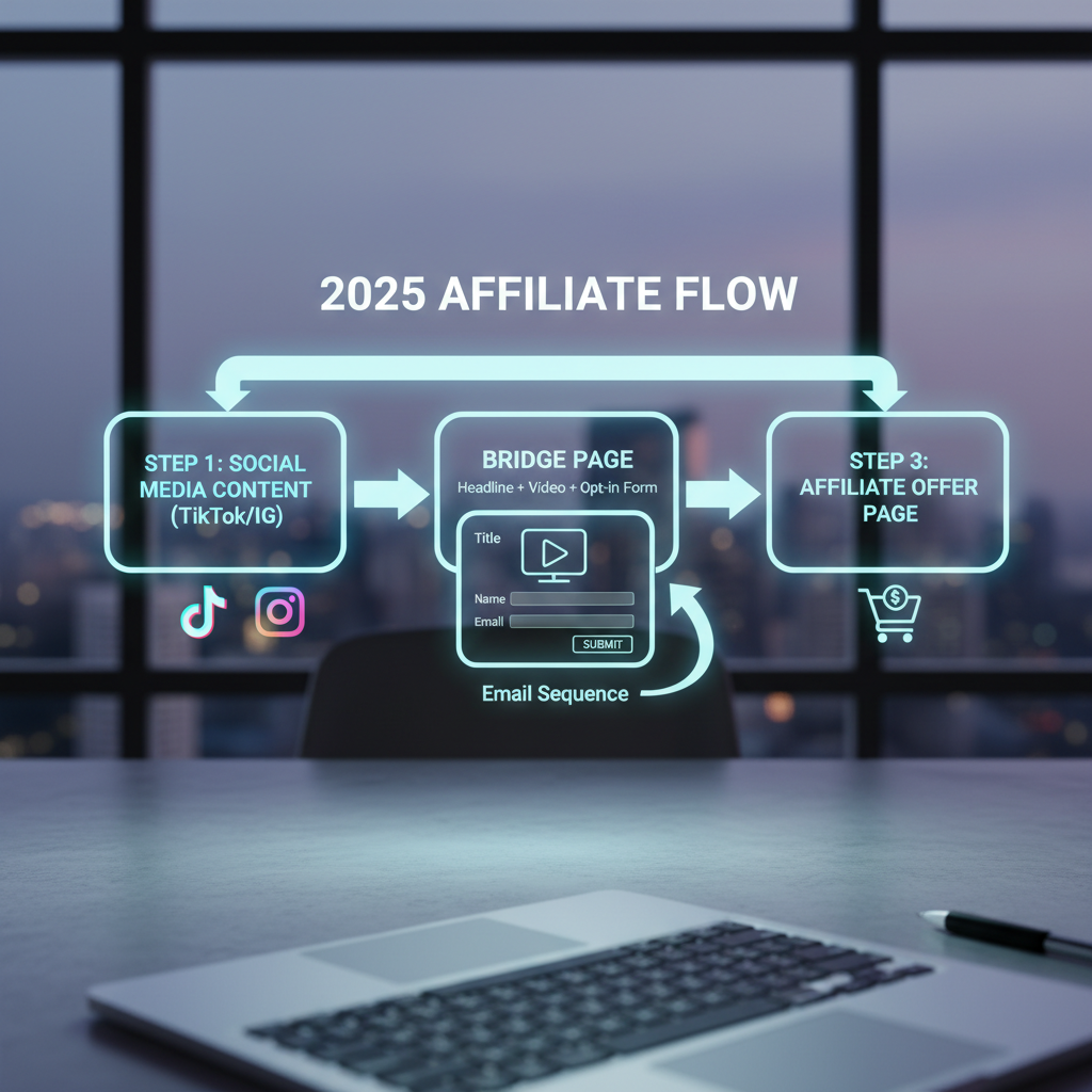 A flowchart diagram showing the "2025 Affiliate Flow": Step 1: Social Media Content (TikTok/IG) -> Step 2: Bridge Page (Headline + Video + Opt-in Form) -> Step 3: Affiliate Offer Page. An arrow labeled "Email Sequence" loops back from Step 2 to Step 3.