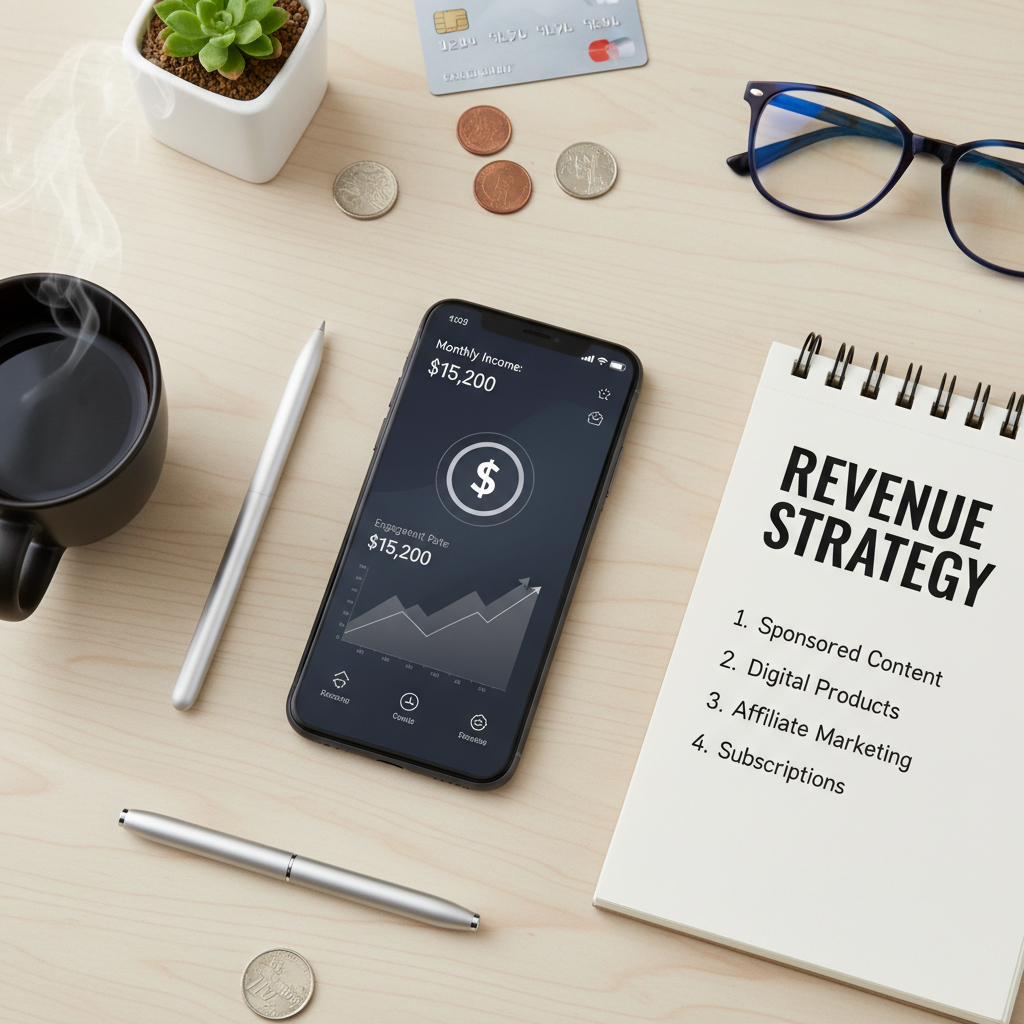 A modern workspace flatlay featuring a smartphone with analytics on screen, a notebook labeled 'Revenue Strategy', and a coffee cup, symbolizing professional creator business.