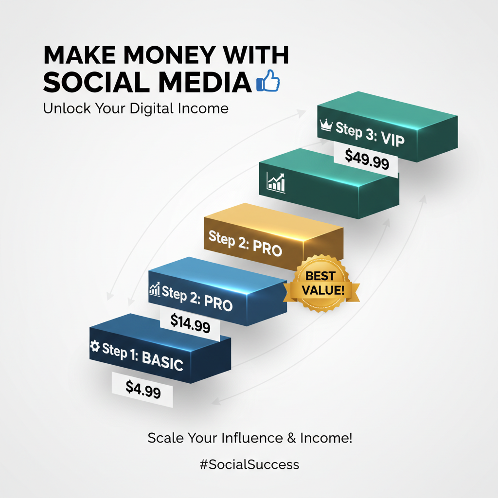 An infographic of a "Pricing Ladder." Step 1 is "Basic" ($4.99), Step 2 is "Pro" ($14.99 - Highlighted as Best Value), Step 3 is "VIP" ($49.99).