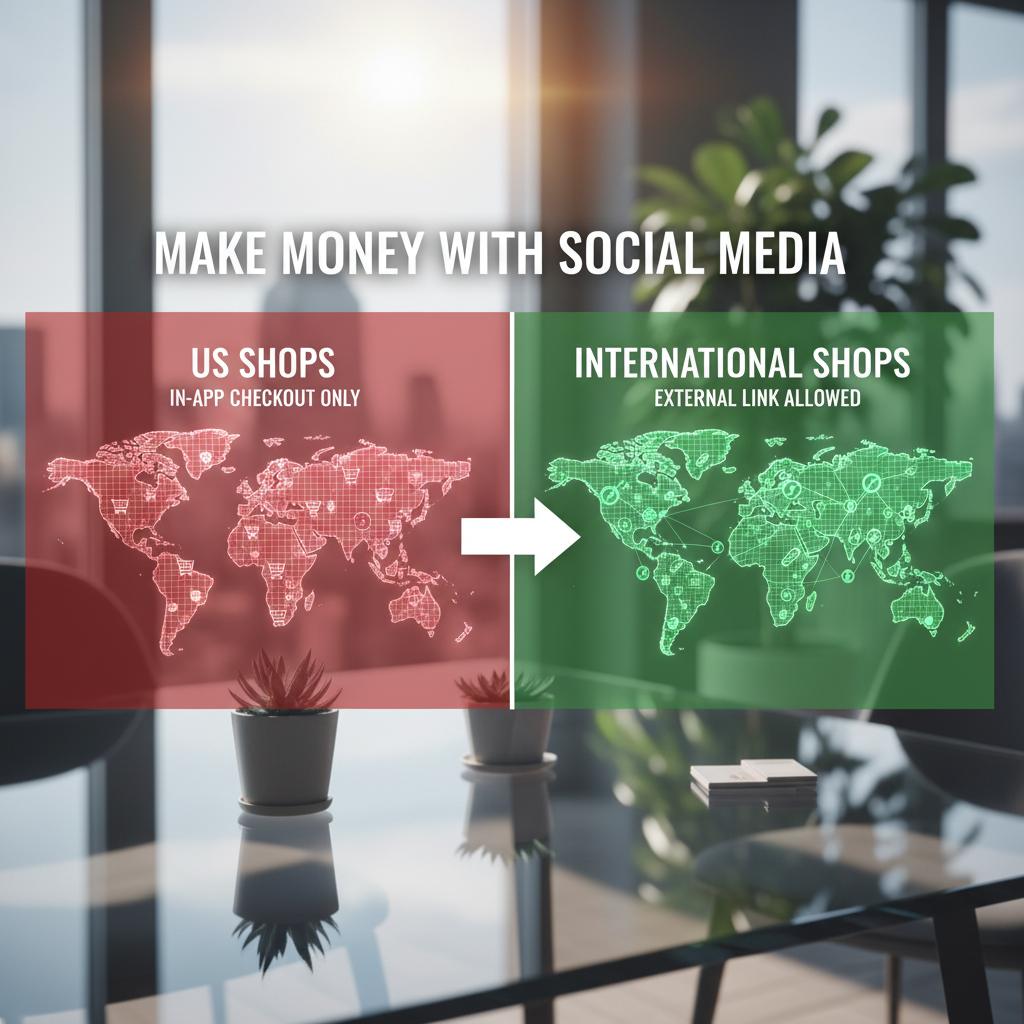 A comparative map graphic showing "US Shops" highlighted in red with "In-App Checkout Only" and "International Shops" in green with "External Link Allowed." The graphic visually separates the two distinct policies.