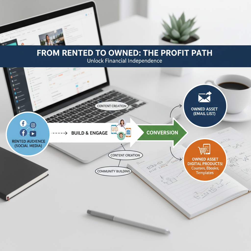 Infographic showing the roadmap from 'Rented Audience' (Social Media) to 'Owned Asset' (Email List & Digital Products)