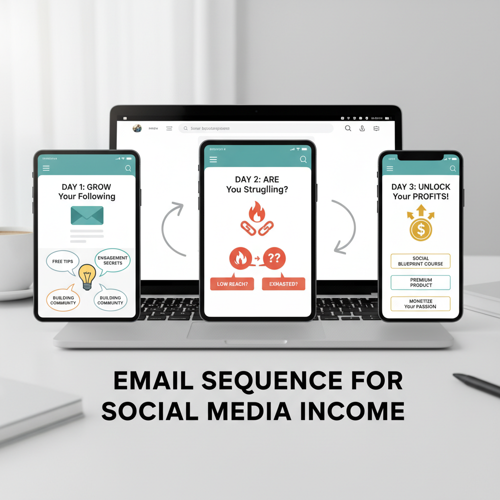 Visual diagram of an email sequence: Day 1 (Value) -> Day 2 (Problem/Agitation) -> Day 3 (Solution/Product Pitch)