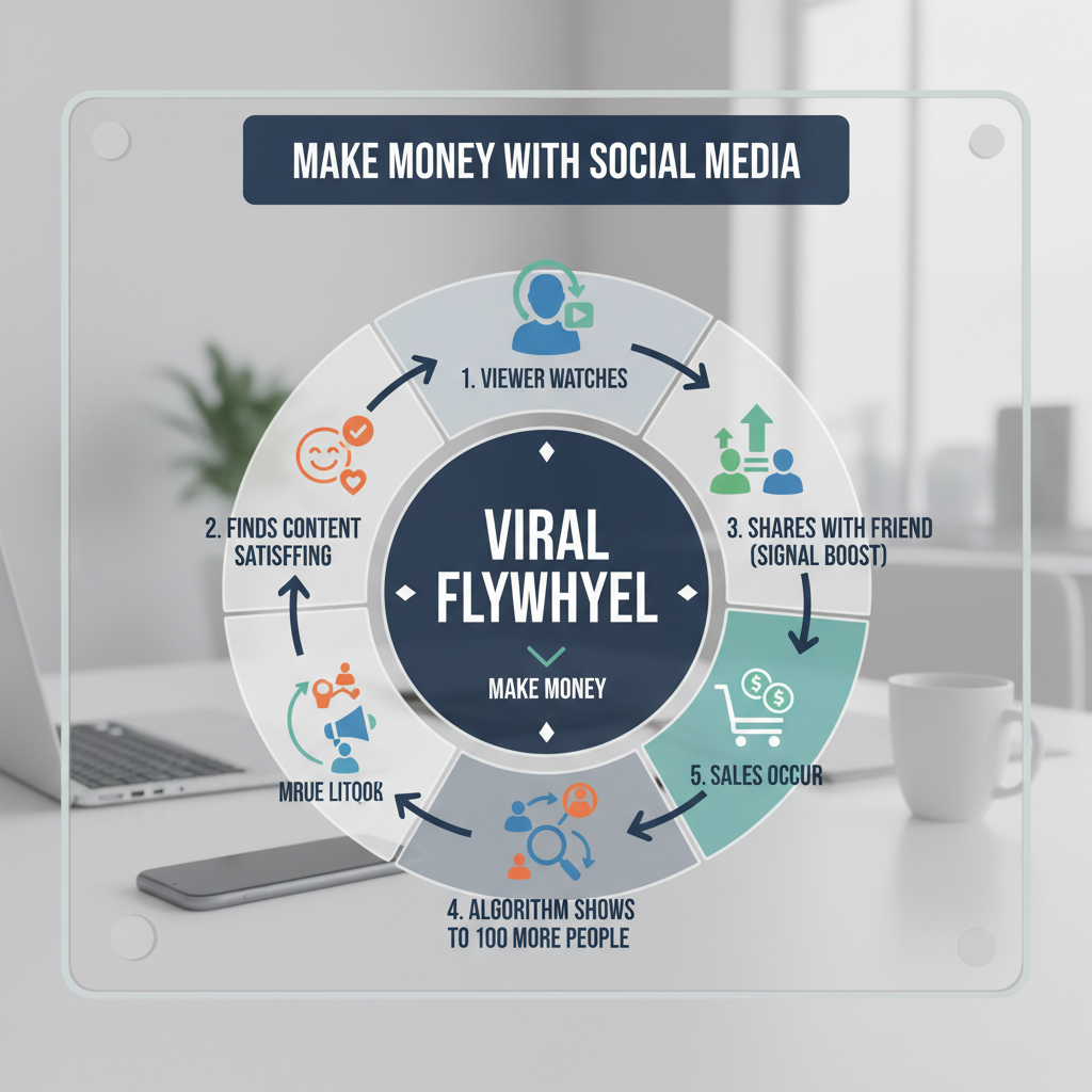 An infographic explaining the "Viral Flywheel": Viewer watches -> Finds content satisfying -> Shares with friend (Signal boost) -> Algorithm shows to 100 more people -> Sales occur.
