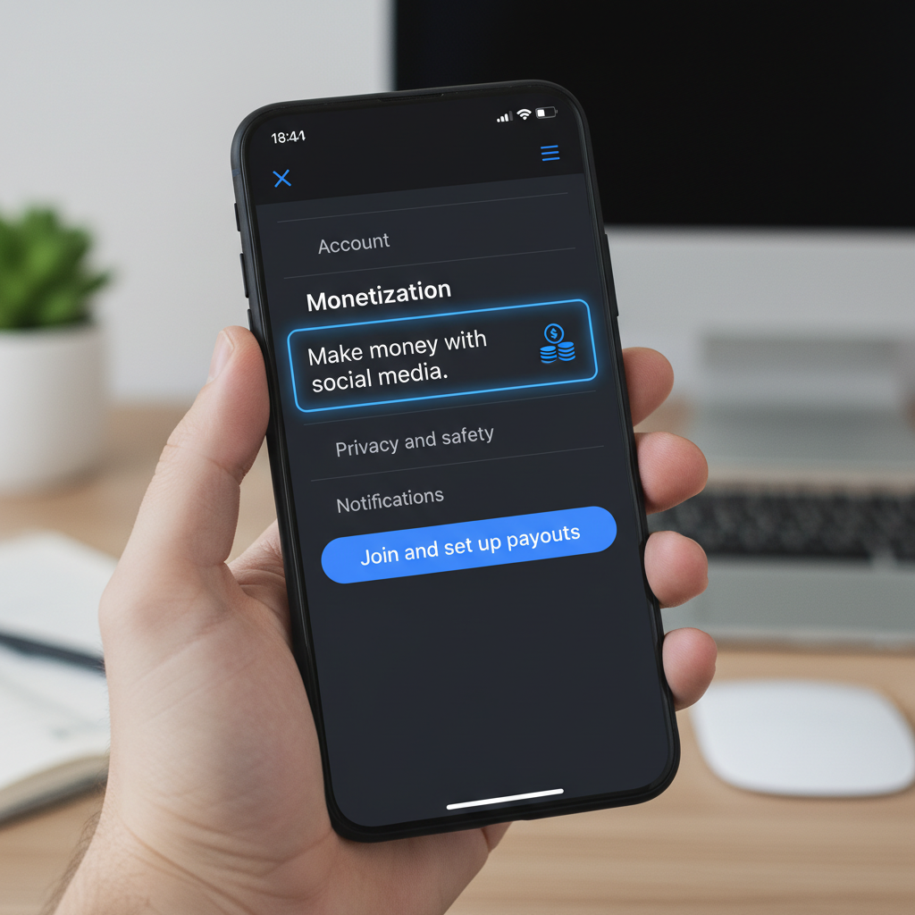 A screenshot mock-up of the X Settings menu, highlighting the 'Monetization' tab and the 'Join and set up payouts' button.