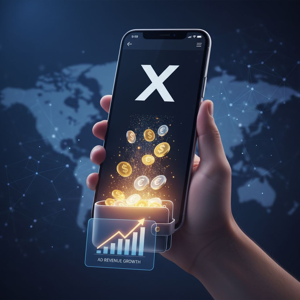 A sleek digital illustration showing a smartphone with the X app open, coins flowing out of the screen into a digital wallet, symbolizing the flow of ad revenue.