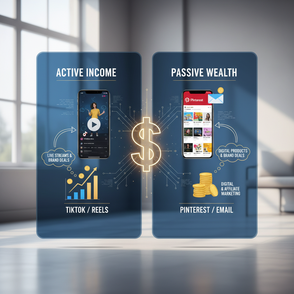 A split-screen infographic showing "Active Income" via TikTok/Reels on the left and "Passive Wealth" via Pinterest/Email on the right, converging into a dollar sign.