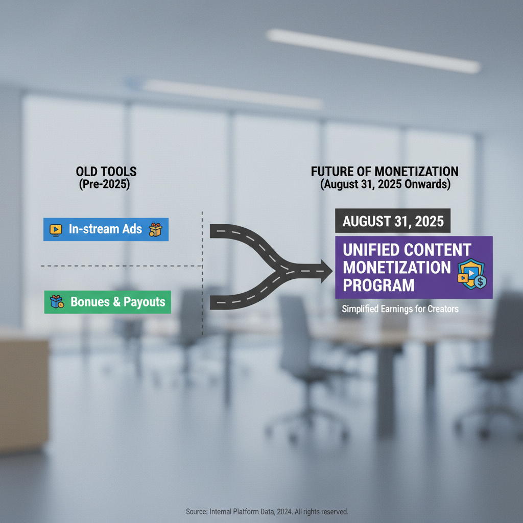 Infographic showing a timeline road map. The left side shows "Old Tools" like In-stream Ads and Bonuses separately. The right side shows them merging into a single "Unified Content Monetization Program" box at the date August 31, 2025.
