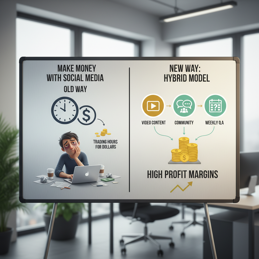 A diagram comparing "Old Way vs. New Way." The Old Way shows a creator exhausted, trading hours for dollars. The New Way shows a "Hybrid Model" with icons for Video Content, Community, and Weekly Q&A, leading to a stack of coins representing high profit margins.