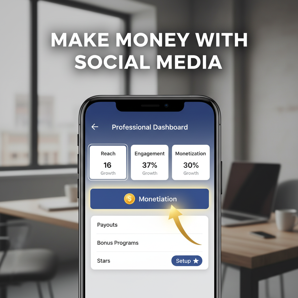 Screenshot of the Professional Dashboard on a mobile device, highlighting the "Monetization" tab and an arrow pointing to the "Stars" setup button.