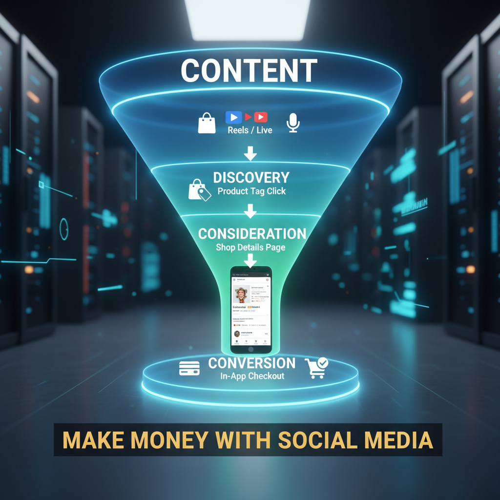 An infographic funnel showing "Content" at the top (Reels/Live), leading to "Discovery" (Product Tag Click), then "Consideration" (Shop Details Page), and finally "Conversion" (In-App Checkout). It illustrates the flow of a user.