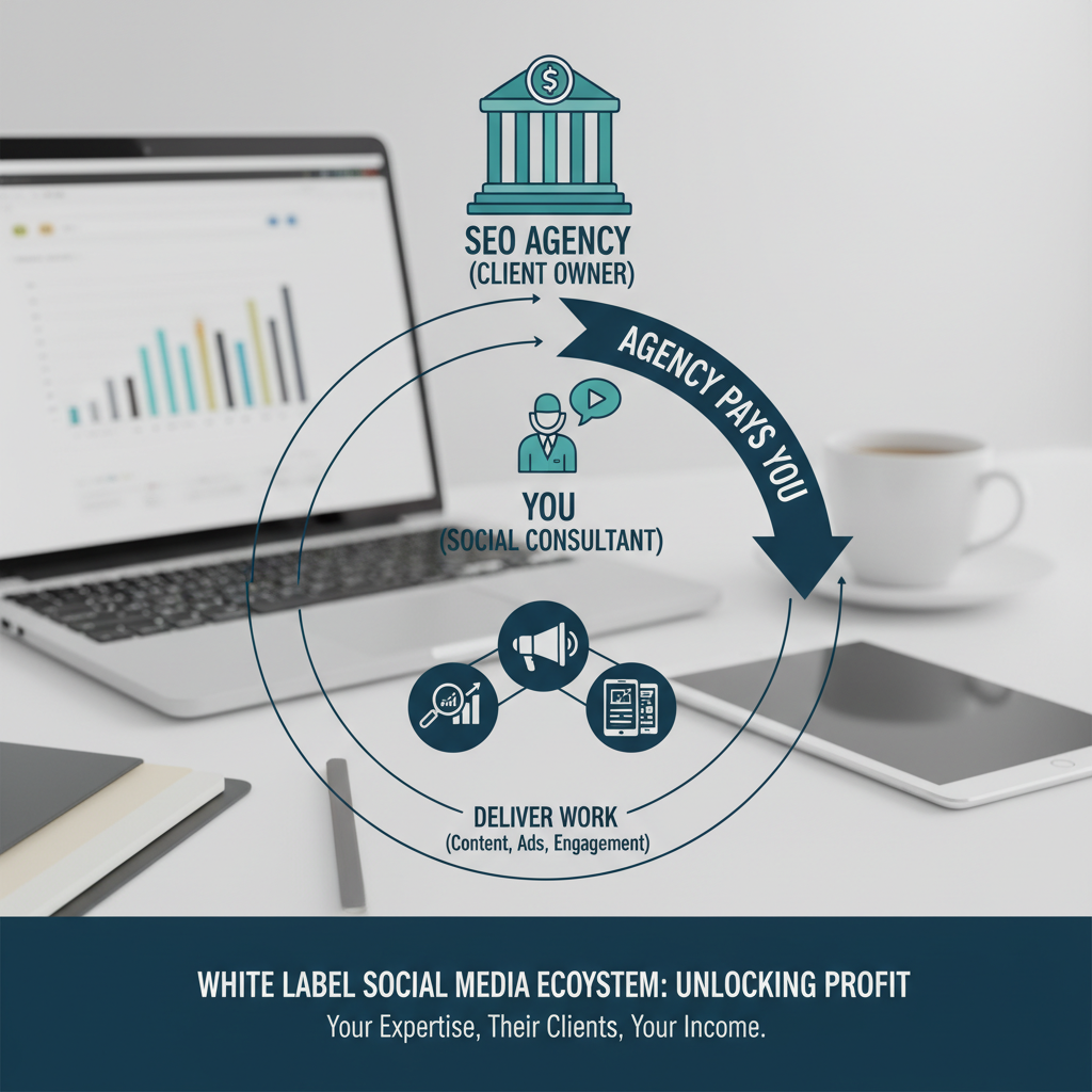Infographic illustrating the 'White Label' ecosystem: SEO Agency (Client Owner) -> Hires You (Social Consultant) -> You deliver work -> Agency pays you.