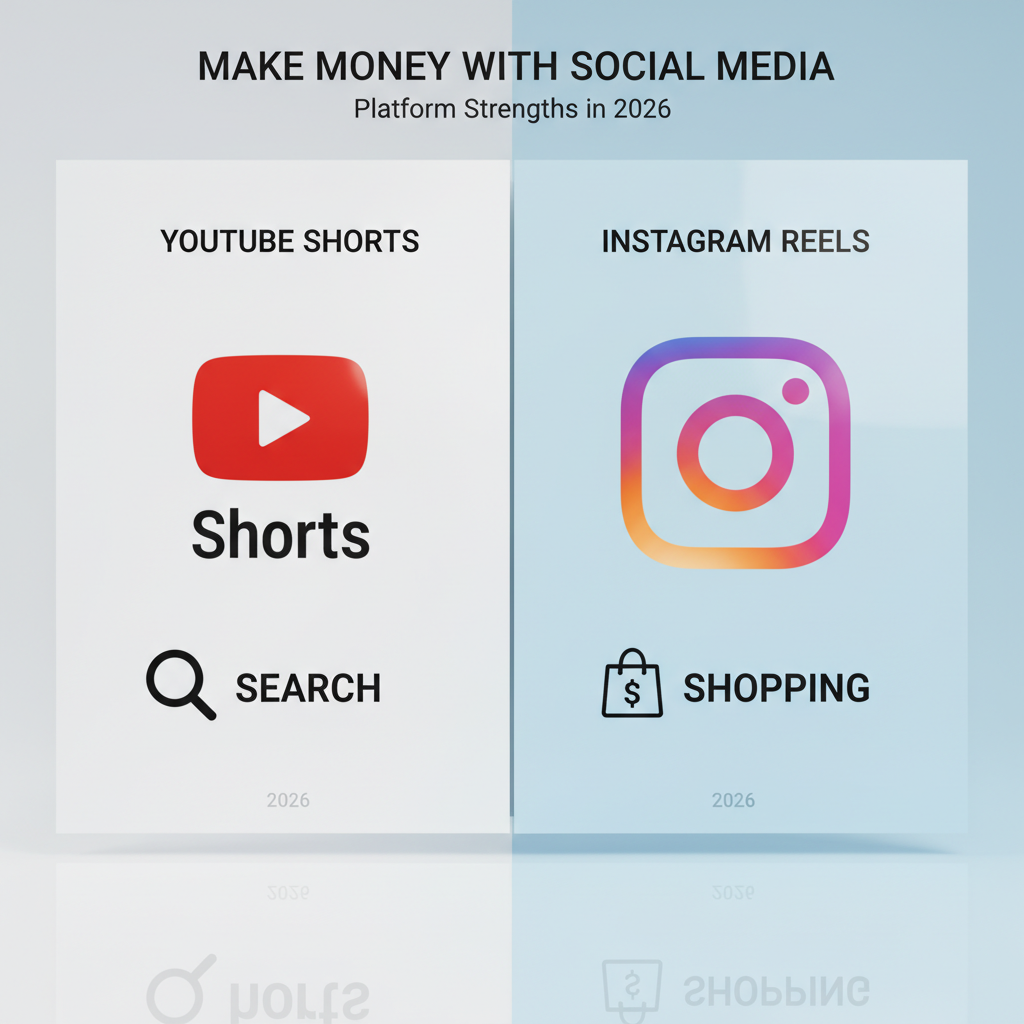 A split-screen graphic showing a YouTube Shorts logo on the left with a "Search" icon and an Instagram Reels logo on the right with a "Shopping" bag icon, symbolizing the core strengths of each platform in 2026.