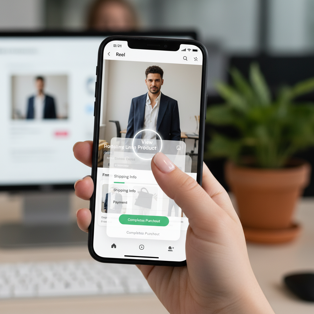 A close-up infographic showing a smartphone screen playing a Reel. A finger is pressing a "View Product" tag which pops up a seamless checkout window, illustrating the friction-less buying process.