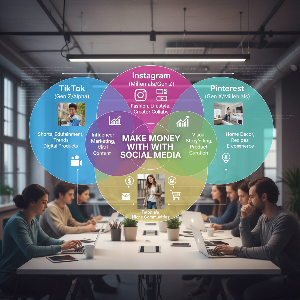 A Venn diagram showing the intersection of User Demographics for TikTok (Gen Z/Alpha), Instagram (Millennials/Gen Z), and Pinterest (Gen X/Millennials), with product types suitable for each.