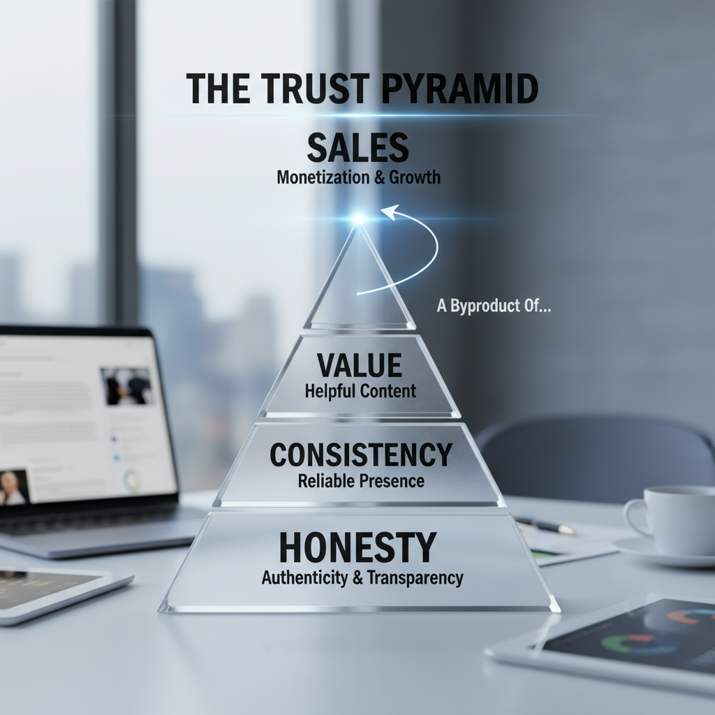 A sleek infographic titled "The Trust Pyramid" showing the hierarchy from Honesty (base) to Consistency, Value, and finally Sales (top), illustrating that sales are a byproduct of the foundation below.