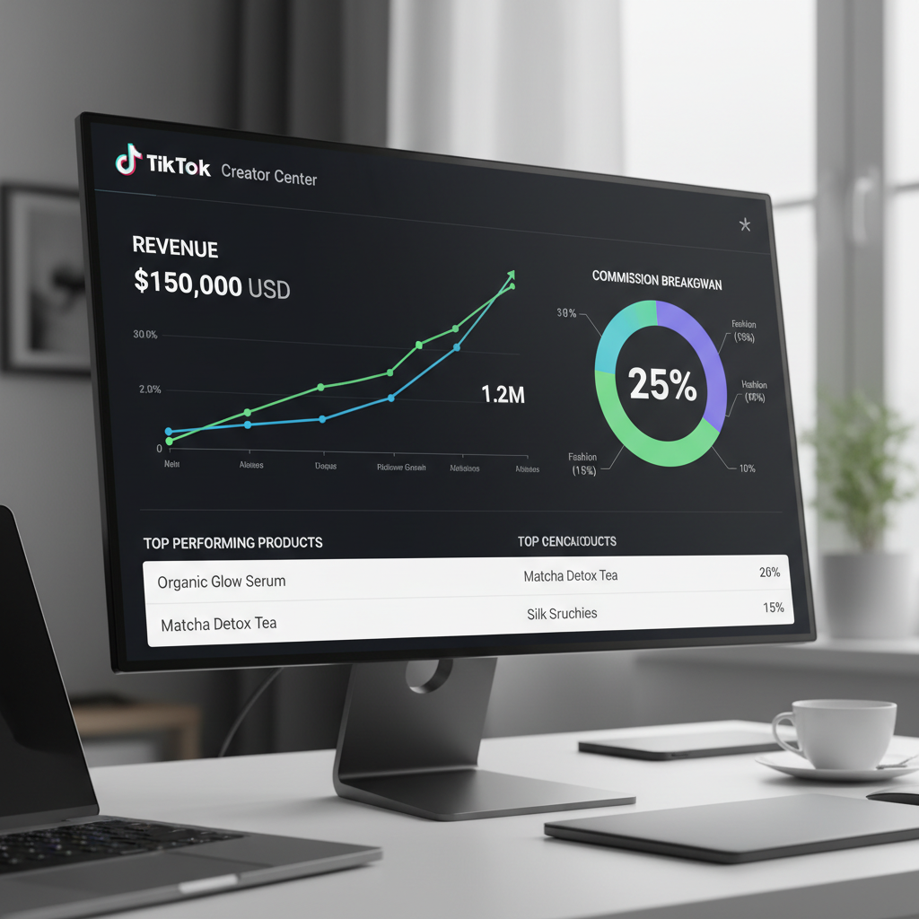 A screenshot simulation of a TikTok Shop Creator Center dashboard showing a graph of rising revenue and specific commission rates for Health & Beauty products.