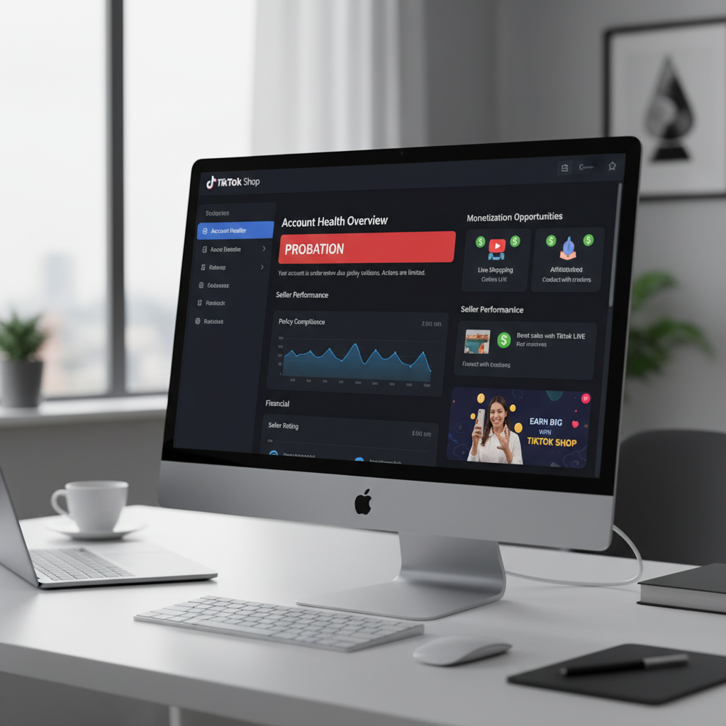 Screenshot of the TikTok Shop Seller Center backend, specifically highlighting the "Account Health" tab where the Probation status is displayed.