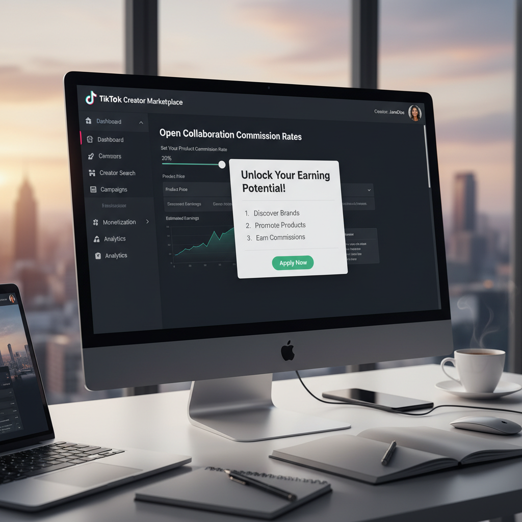 A screenshot of the TikTok Creator Marketplace dashboard showing how to set "Open Collaboration" commission rates for products.