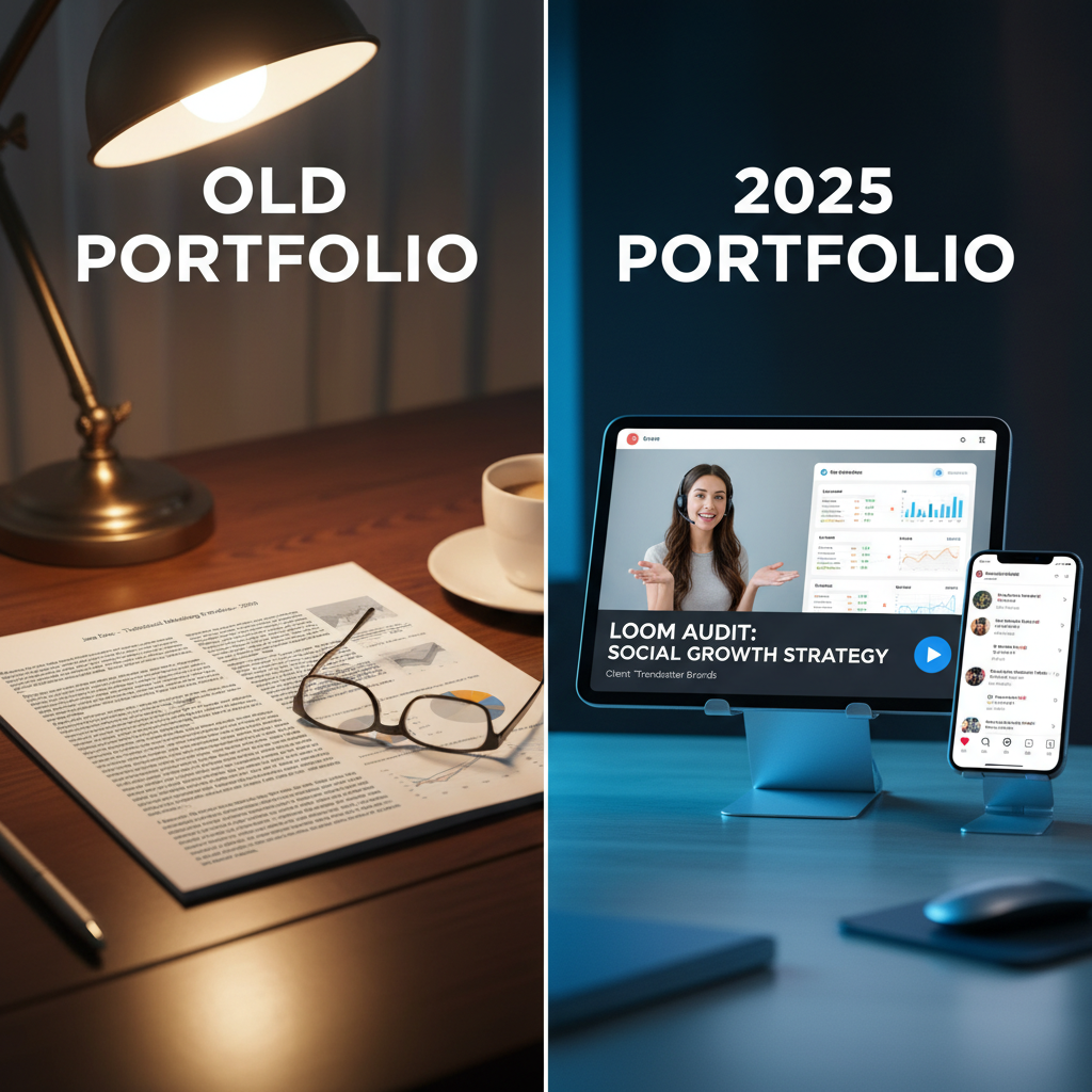 A split-screen visual. Left side: 'Old Portfolio' (PDF with text). Right side: '2025 Portfolio' (Video thumbnail of a Loom audit with a professional overlay).