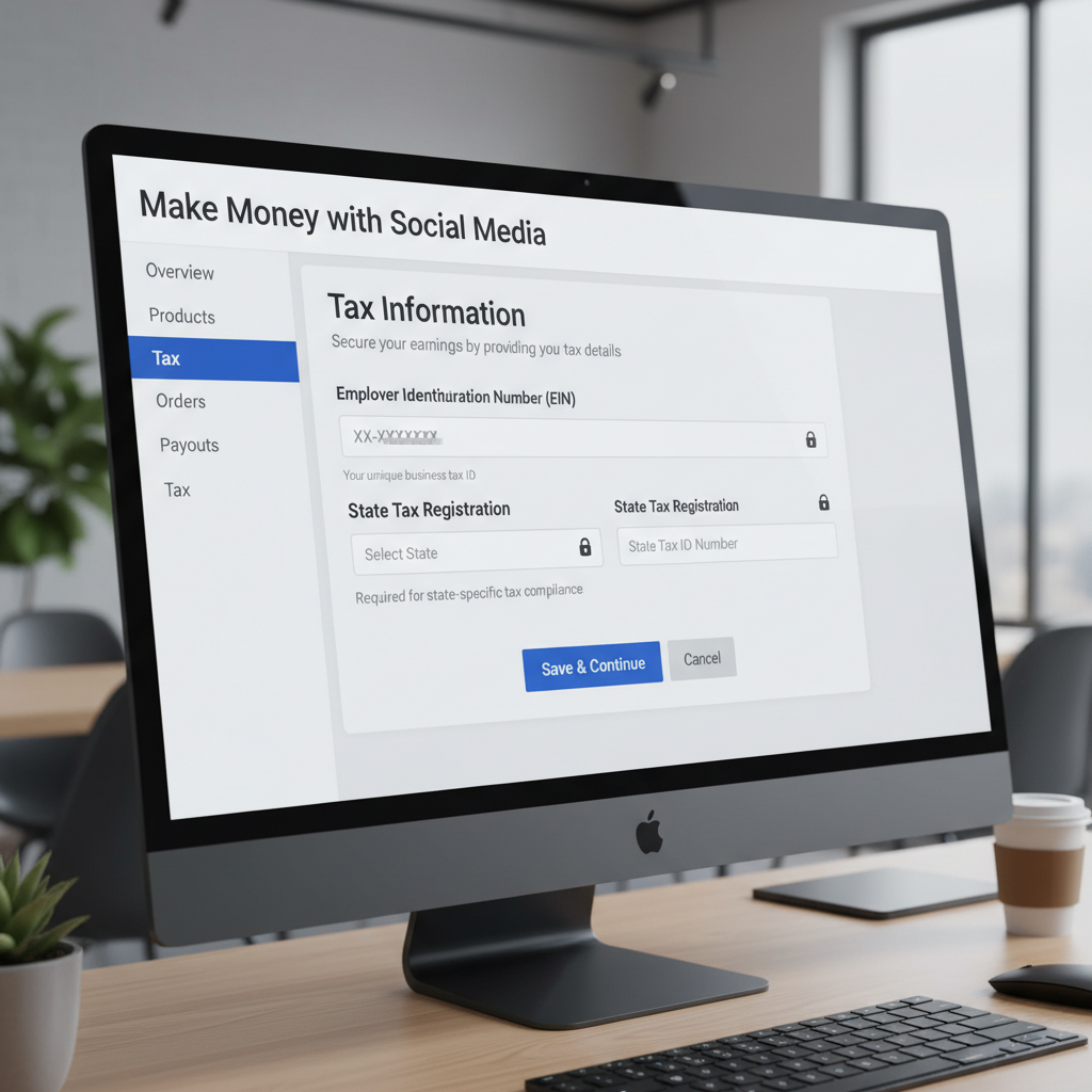 The Commerce Manager 2025 'Payouts' and 'Tax' settings interface, showing the section where users input their Employer Identification Number (EIN) and State Tax Registration numbers.
