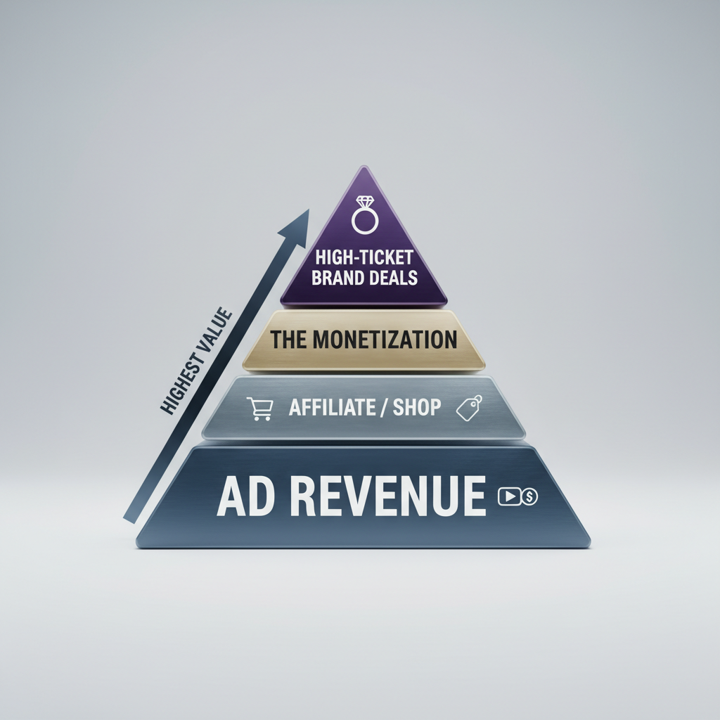 A flowchart infographic titled "The Monetization Hierarchy" showing the foundation as 'Ad Revenue', the middle layer as 'Affiliate/Shop', and the top peak as 'High-Ticket Brand Deals', indicating where the highest value lies.
