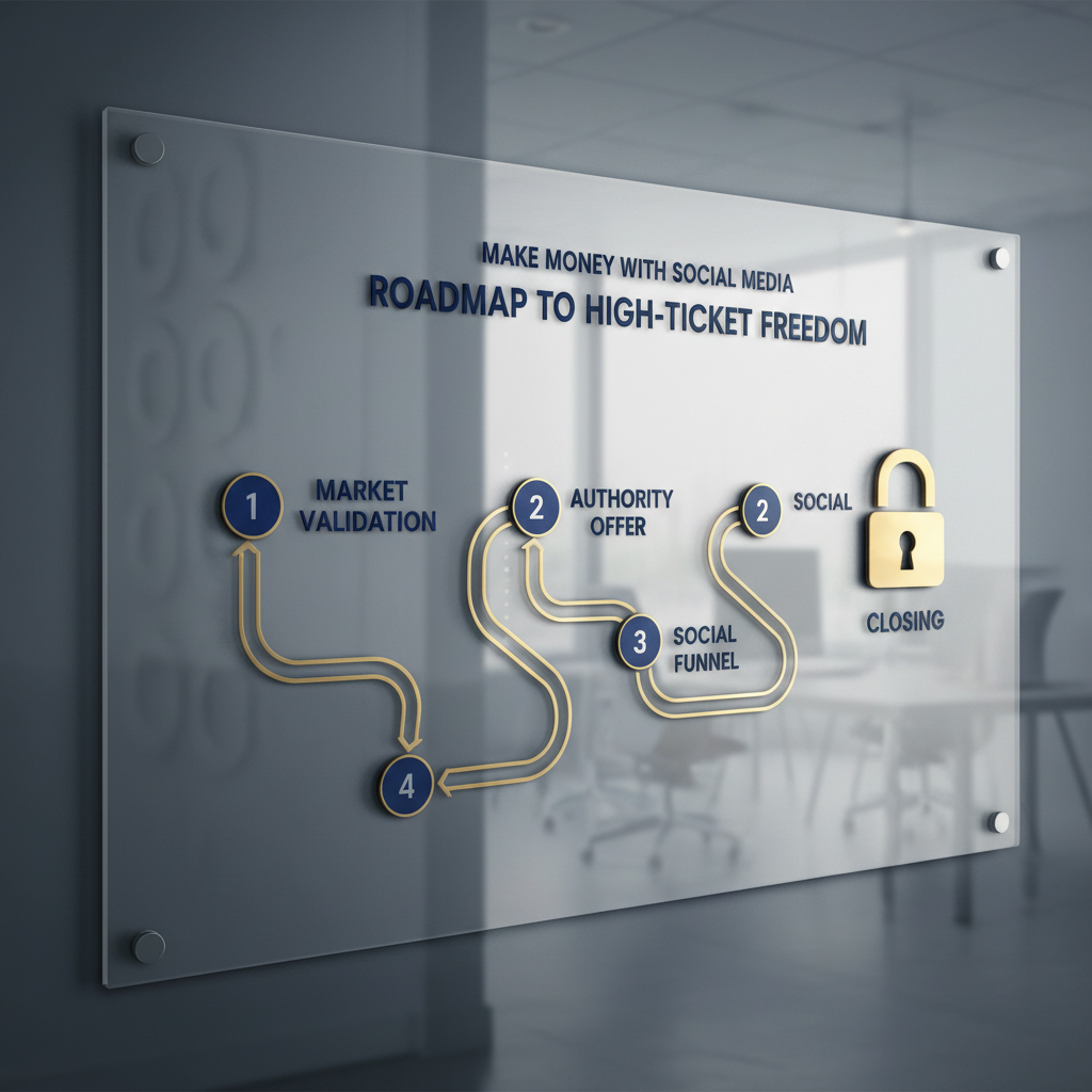 A sleek, modern infographic showing the "Roadmap to High-Ticket Freedom." It visualizes a path from "Market Validation" to "Authority Offer" to "Social Funnel" to "Closing." The style is minimalist and professional, using deep blues and gold.