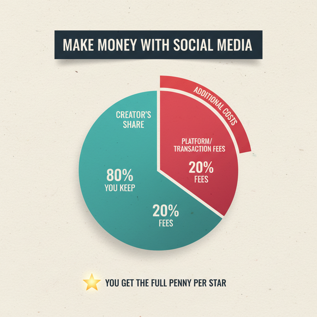 Graphic illustration of a pie chart. It shows "Creator's Share" as a fixed amount and "Platform/Transaction Fees" as an additional cost on top, visually explaining that the creator gets the full penny per star.