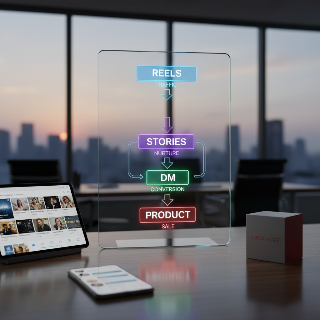Chart showing the funnel stages: Reels (Traffic) -> Stories (Nurture) -> DM (Conversion) -> Product (Sale)