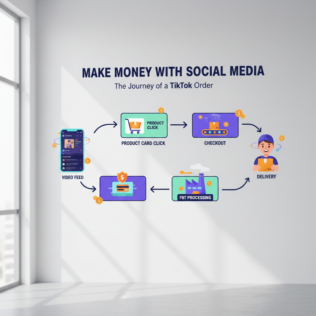 An infographic styled flowchart titled "The Journey of a TikTok Order" showing the path from Video Feed -> Product Card Click -> Checkout -> FBT Processing -> Delivery